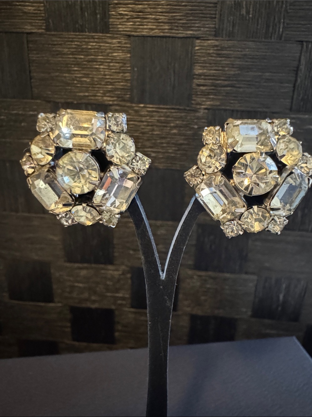 Vintage Crystal Cluster Clip-On Earrings - Clear/Silver